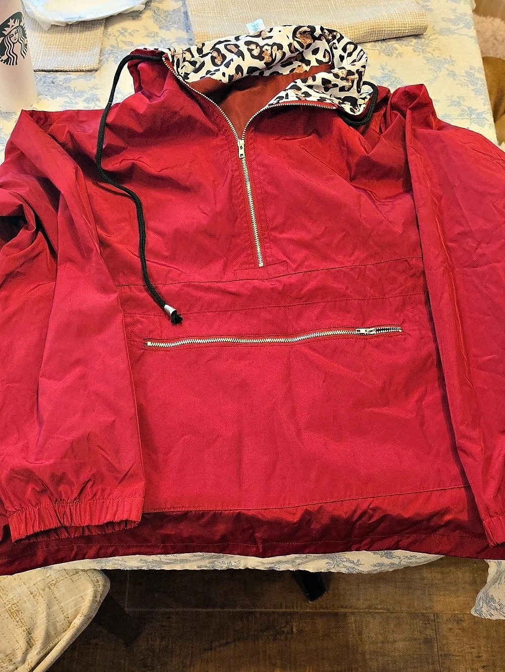 Shirley & Stone Leopard Lined Hooded Pullover in Red Size 2XL